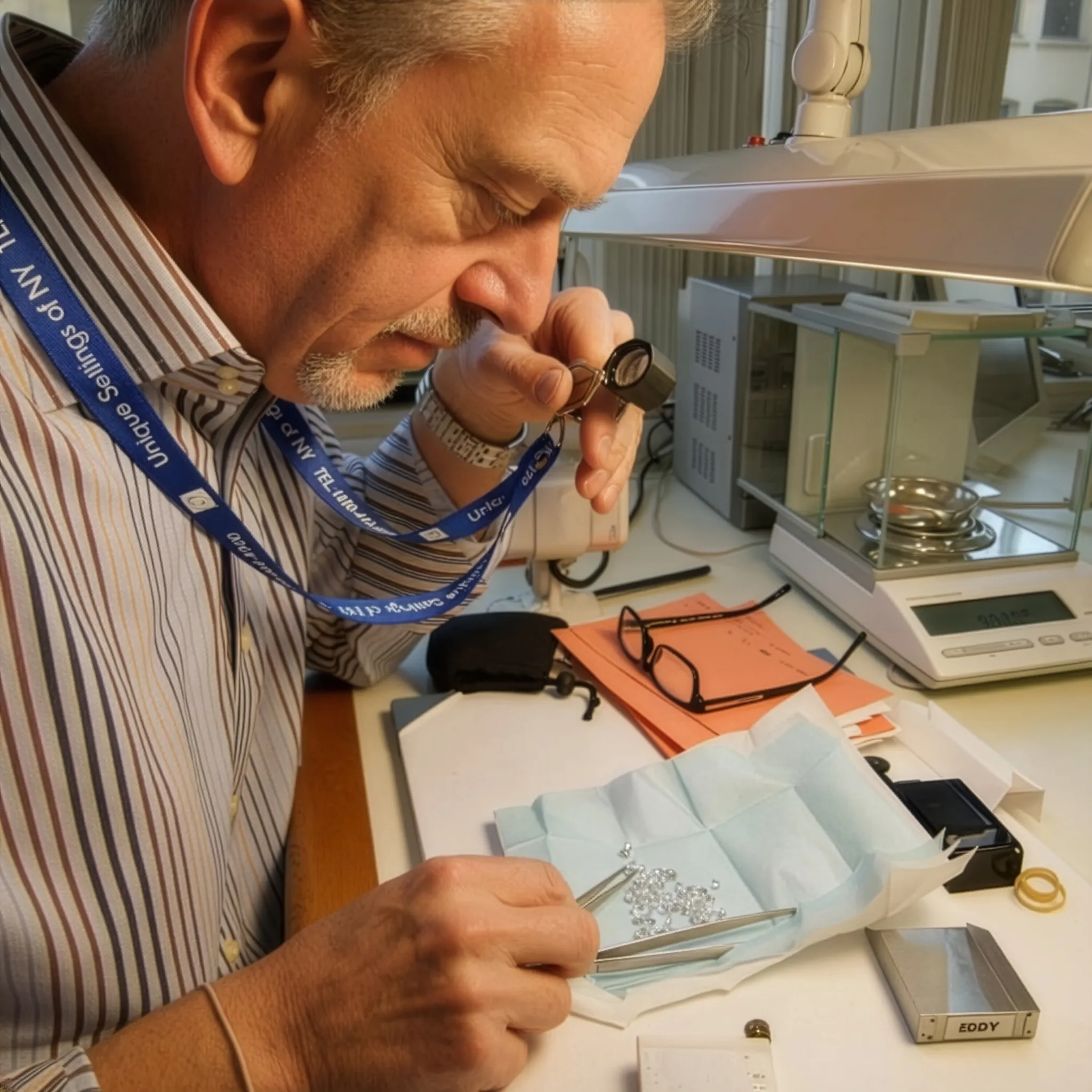 Scott, GIA Graduate Gemologist, hand selecting diamonds in Antwerp