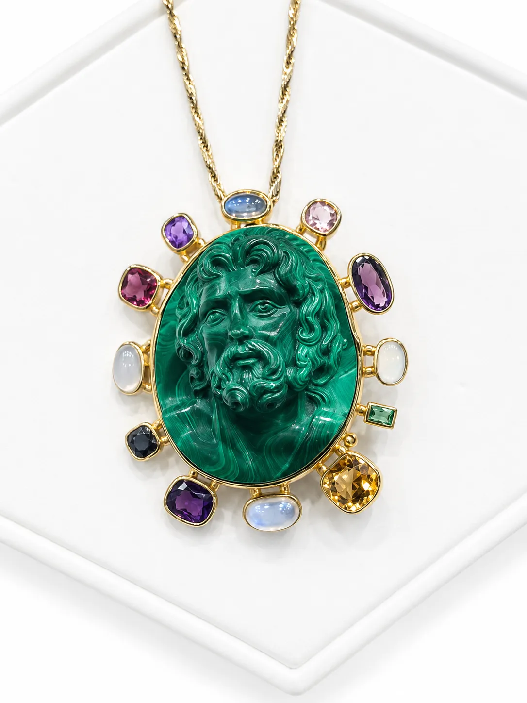 Vintage carved green malachite cameo pendant in yellow gold with multicolor gemstone halo necklace
