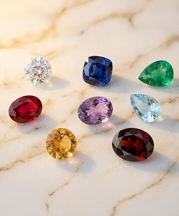 A collection of colorful gemstones on a marble surface, including blue, red, green, and clear stones.