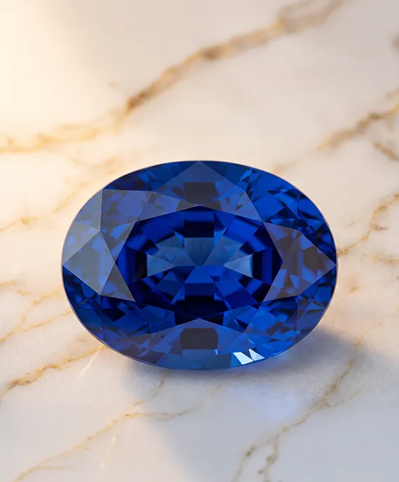 A deep blue oval gemstone on a marble surface.
