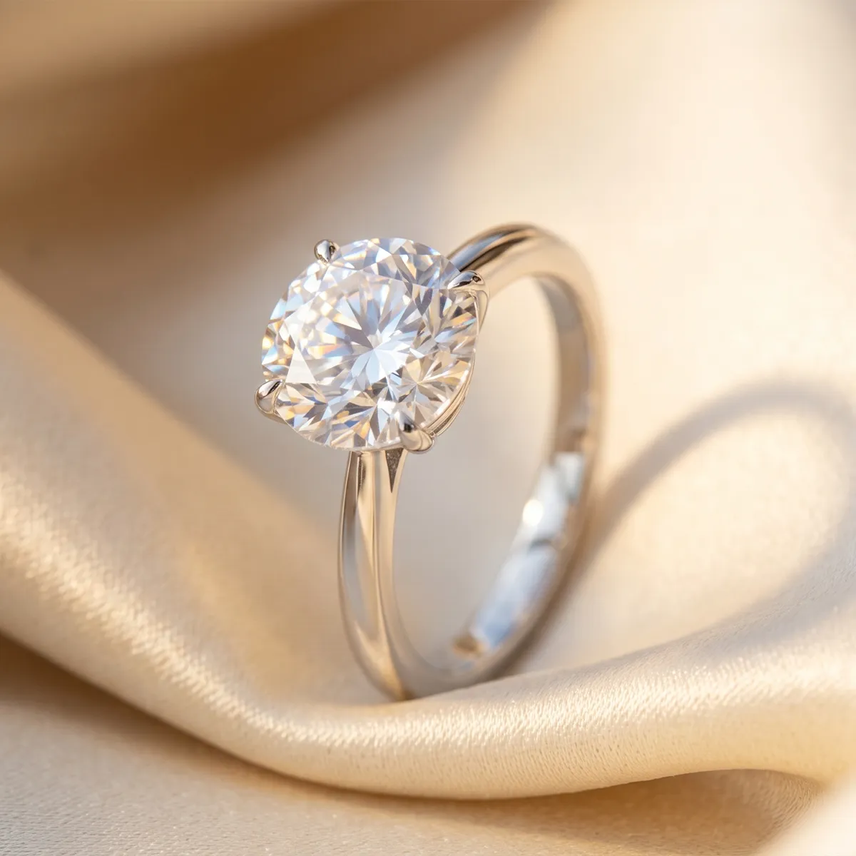 A solitaire diamond ring on a soft beige fabric background.