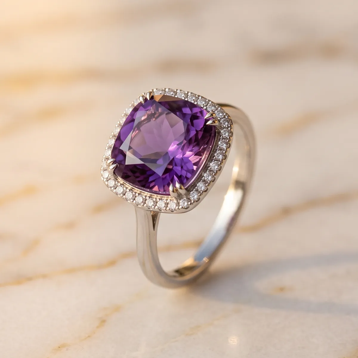 A silver ring with a large purple gemstone and diamond accents on a marble surface.