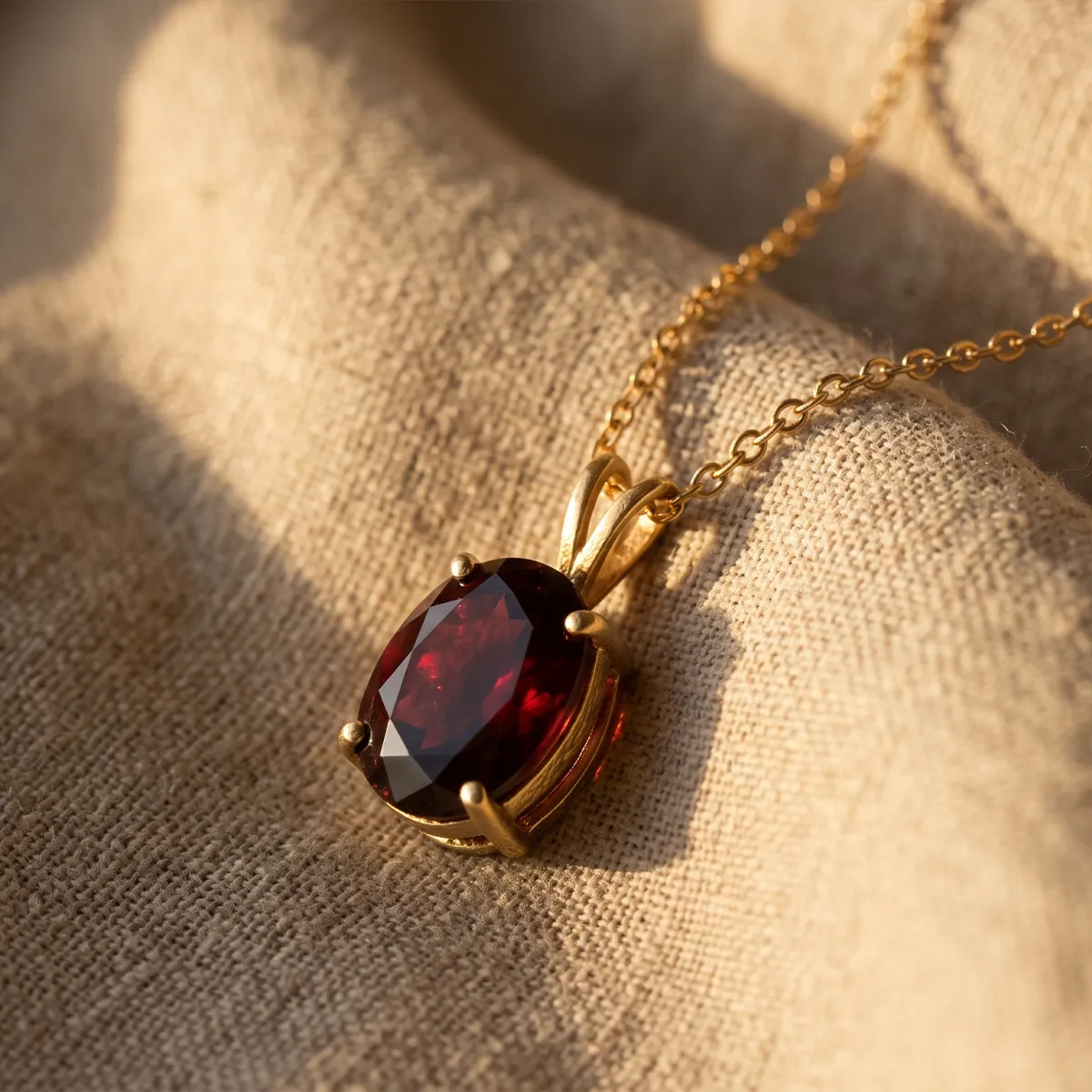 A gold necklace with a deep red garnet pendant on a textured fabric background.