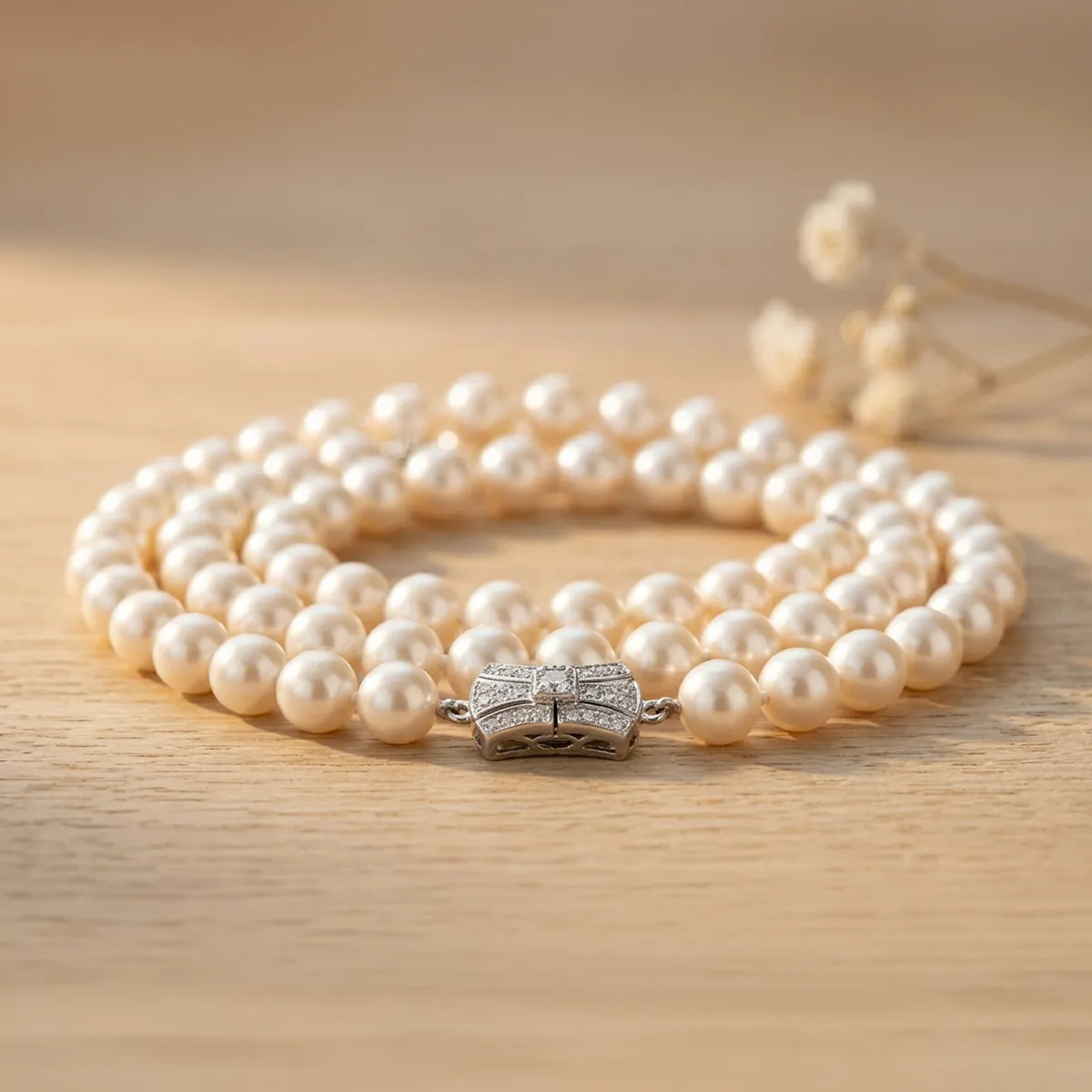 A strand of white pearls with a decorative clasp on a wooden surface.
