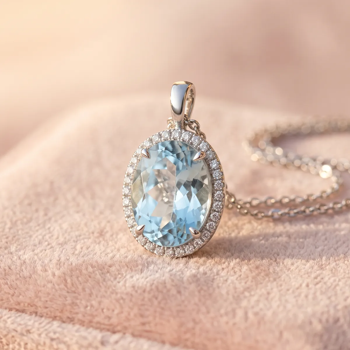 A silver necklace with an oval blue gemstone pendant surrounded by small diamonds on a soft pink surface.