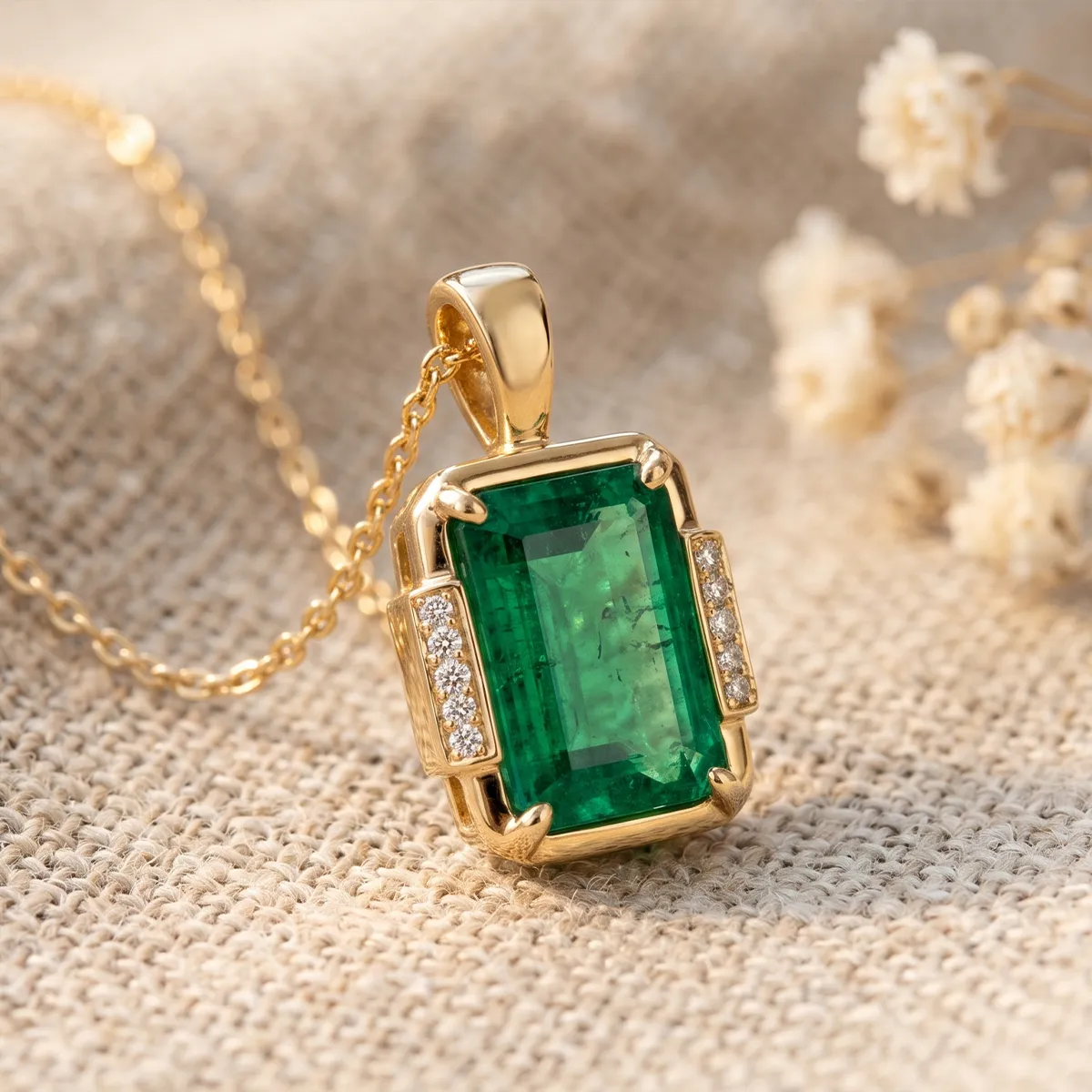 Gold necklace with a rectangular emerald pendant, accented by small diamonds, on a textured surface.