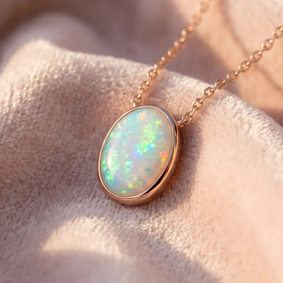 A glowing opal pendant on a gold chain rests on a soft beige fabric.