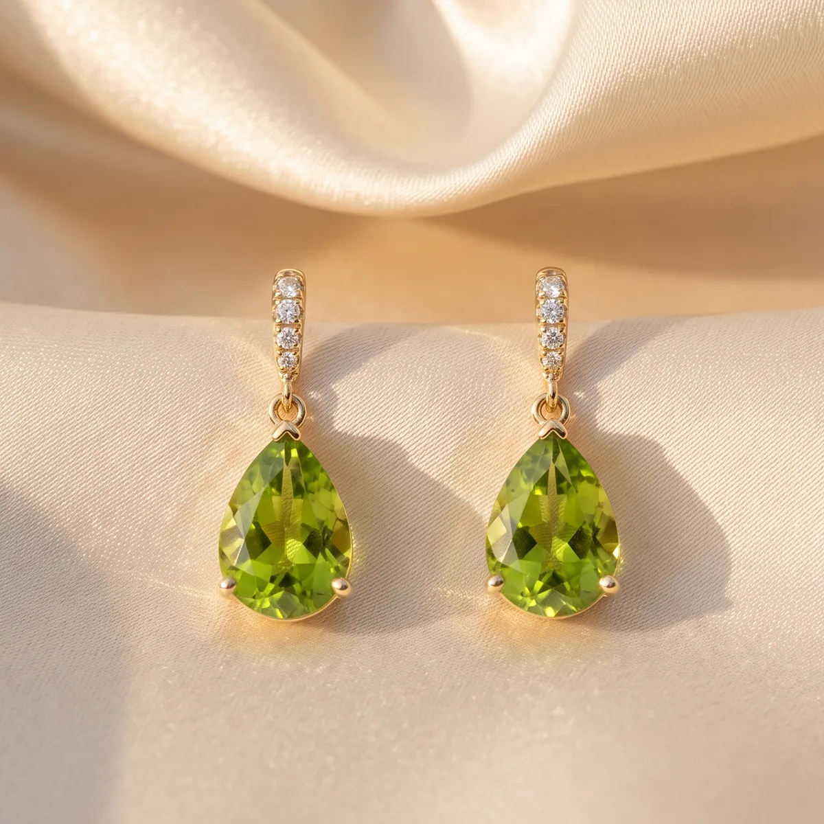 Elegant gold earrings with pear-shaped green gemstones and diamond accents on a silky fabric background.