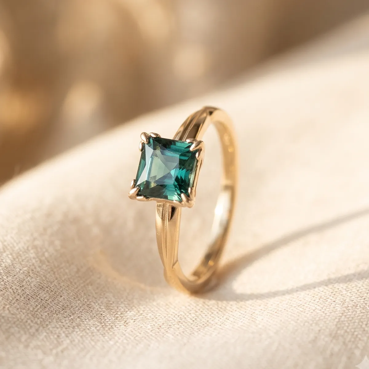 A gold ring with a square-cut green gemstone on a soft fabric background.