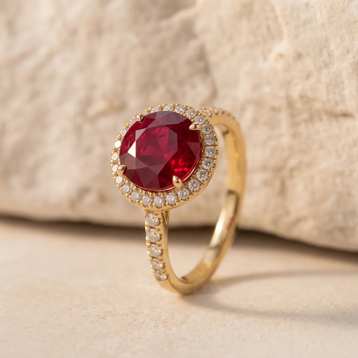 A gold ring with a large red gemstone and small diamonds on the band, set against a stone background.