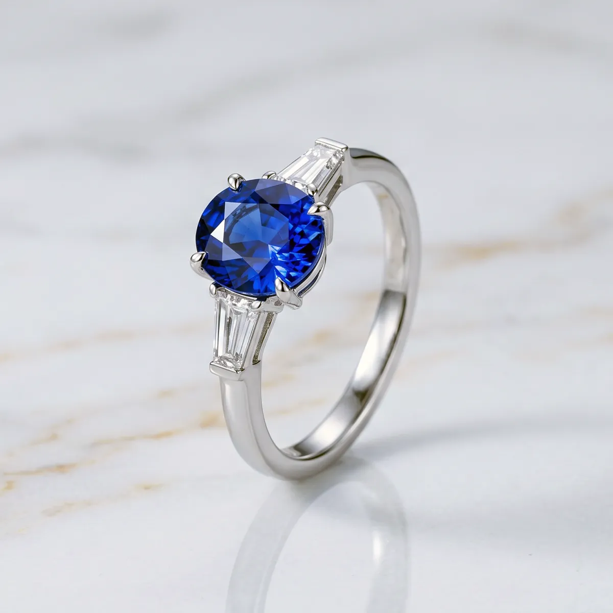 A silver ring with a large blue sapphire and two baguette diamonds on a marble surface.