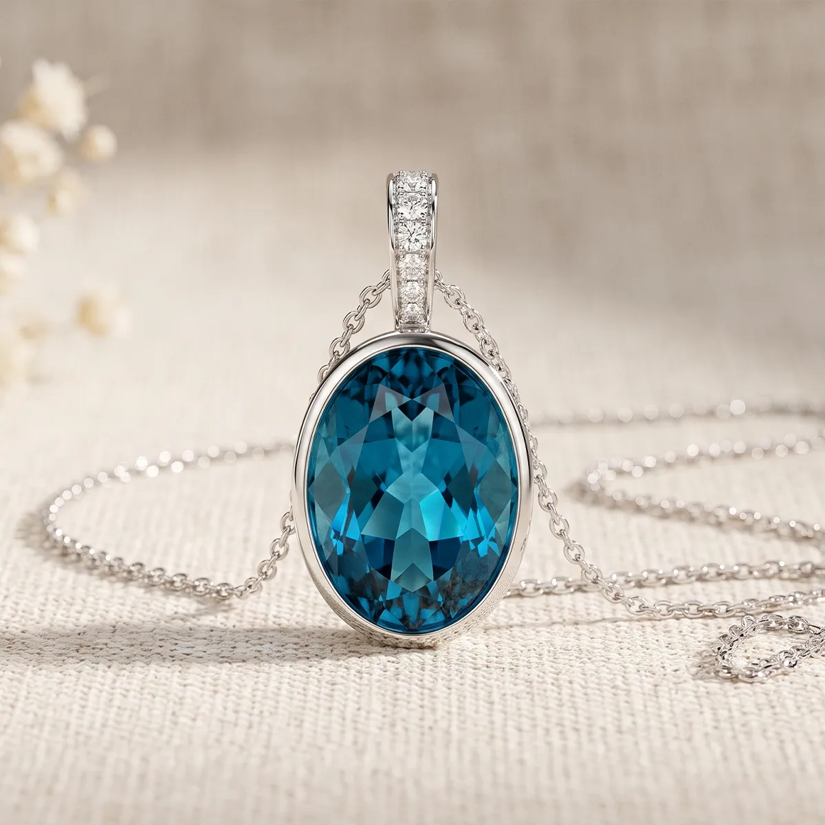 A silver necklace with an oval blue gemstone pendant on a textured surface.