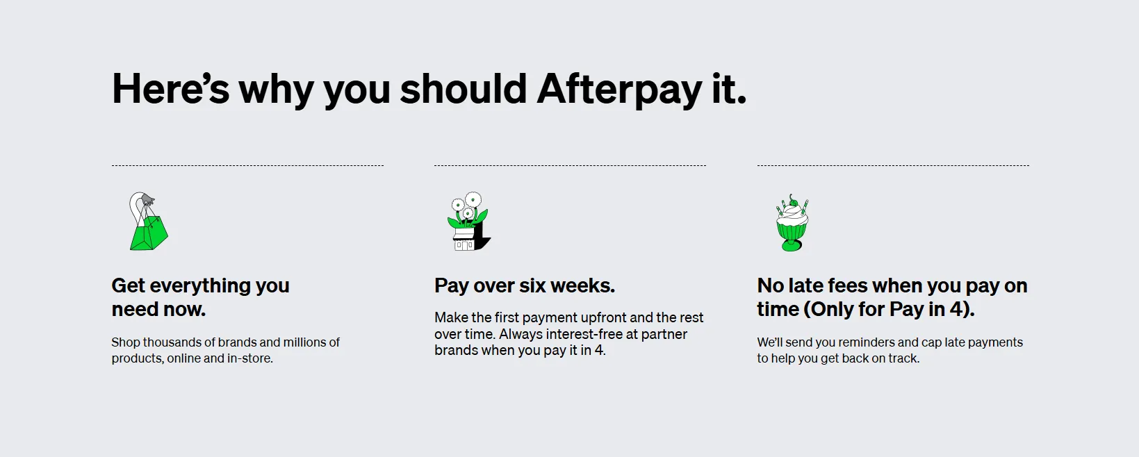 Here's why you should Afterpay it: shop now, pay over six weeks, no late fees.