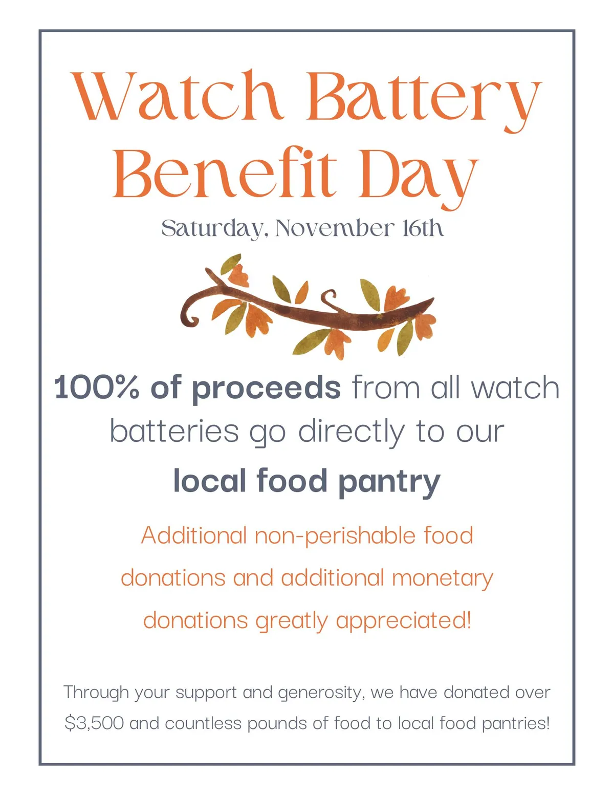 Watch Battery Benefit Day + Food Drive 