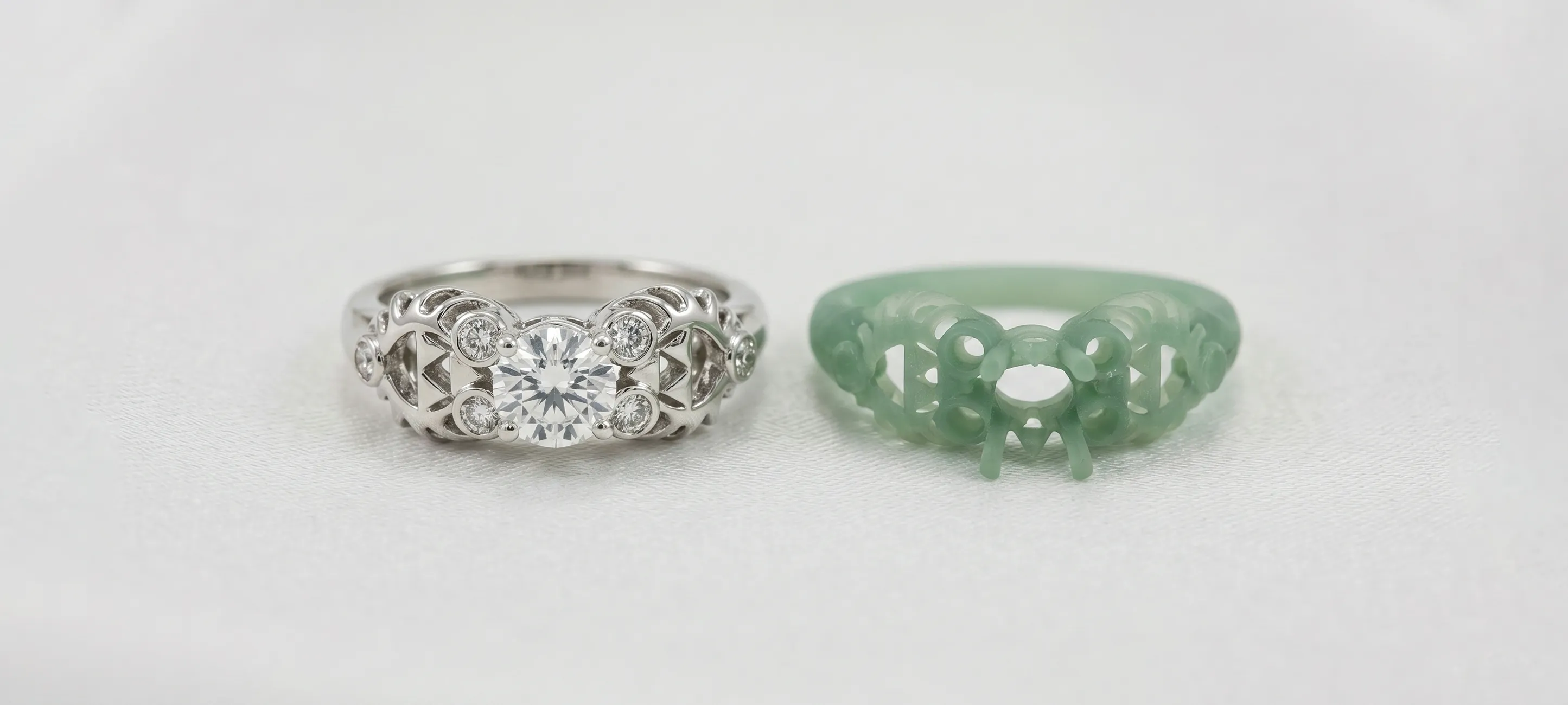 Two rings: one silver with diamonds, one green wax model. Explore our services at Georgetown Jewelers.