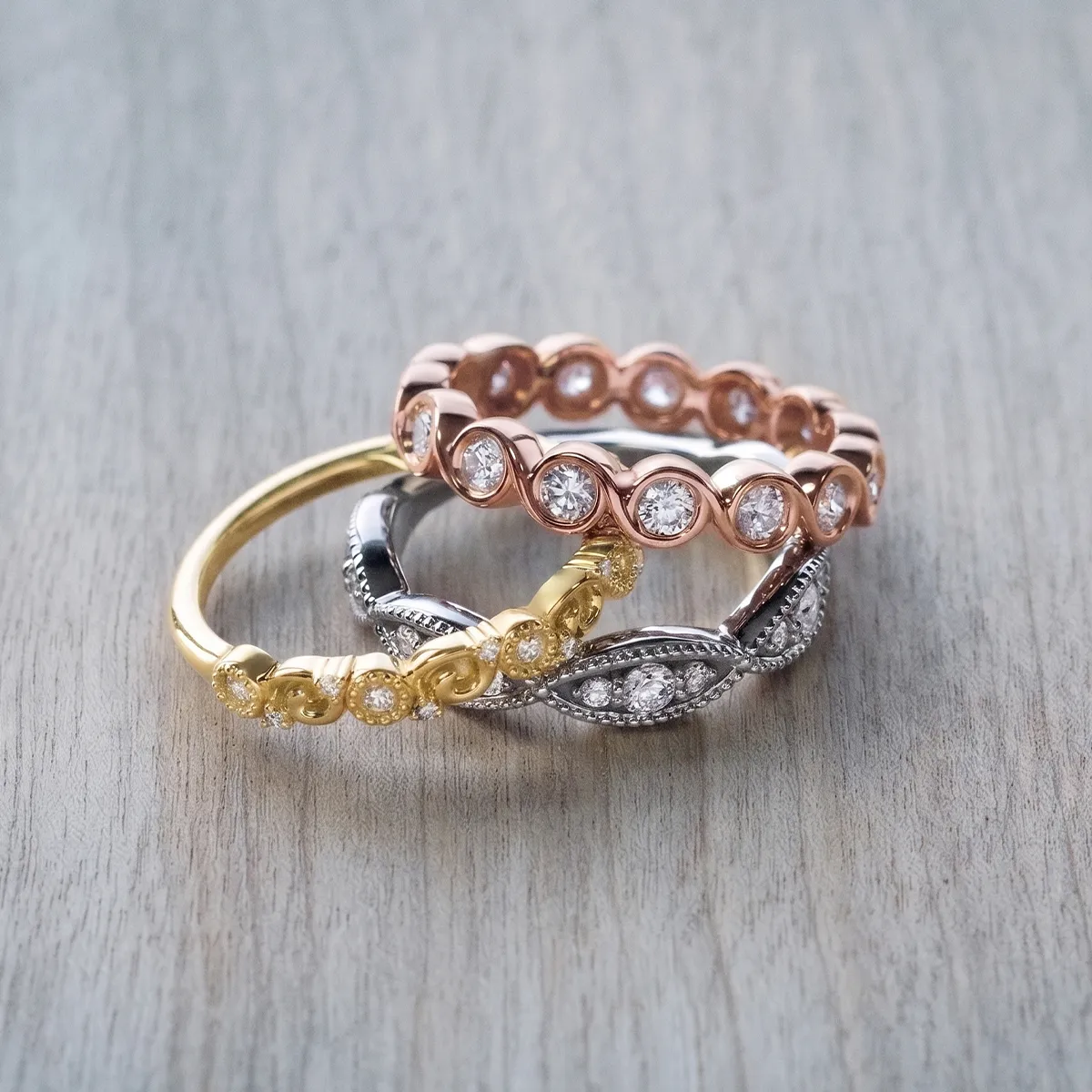 Stackable gold, rose gold, and silver rings with diamonds at Georgetown Jewelers, Wood Dale, IL. Explore stacking rings.