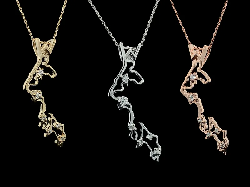 Whidbey Island outline pendant with diamonds marking the locations of the cities. Geralds Jewelry Oak Harbor, WA
