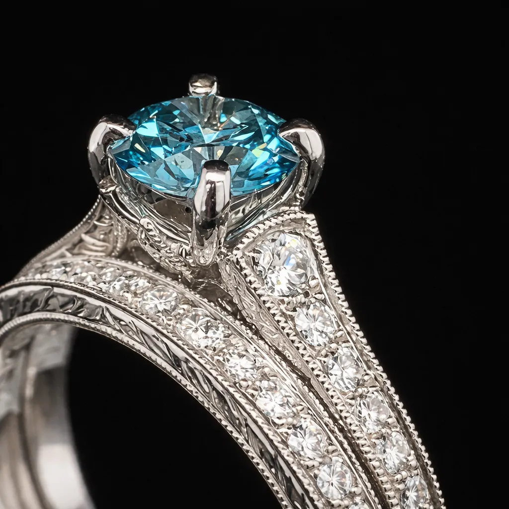 Ornate diamond ring with intricate detailing on a dark background.