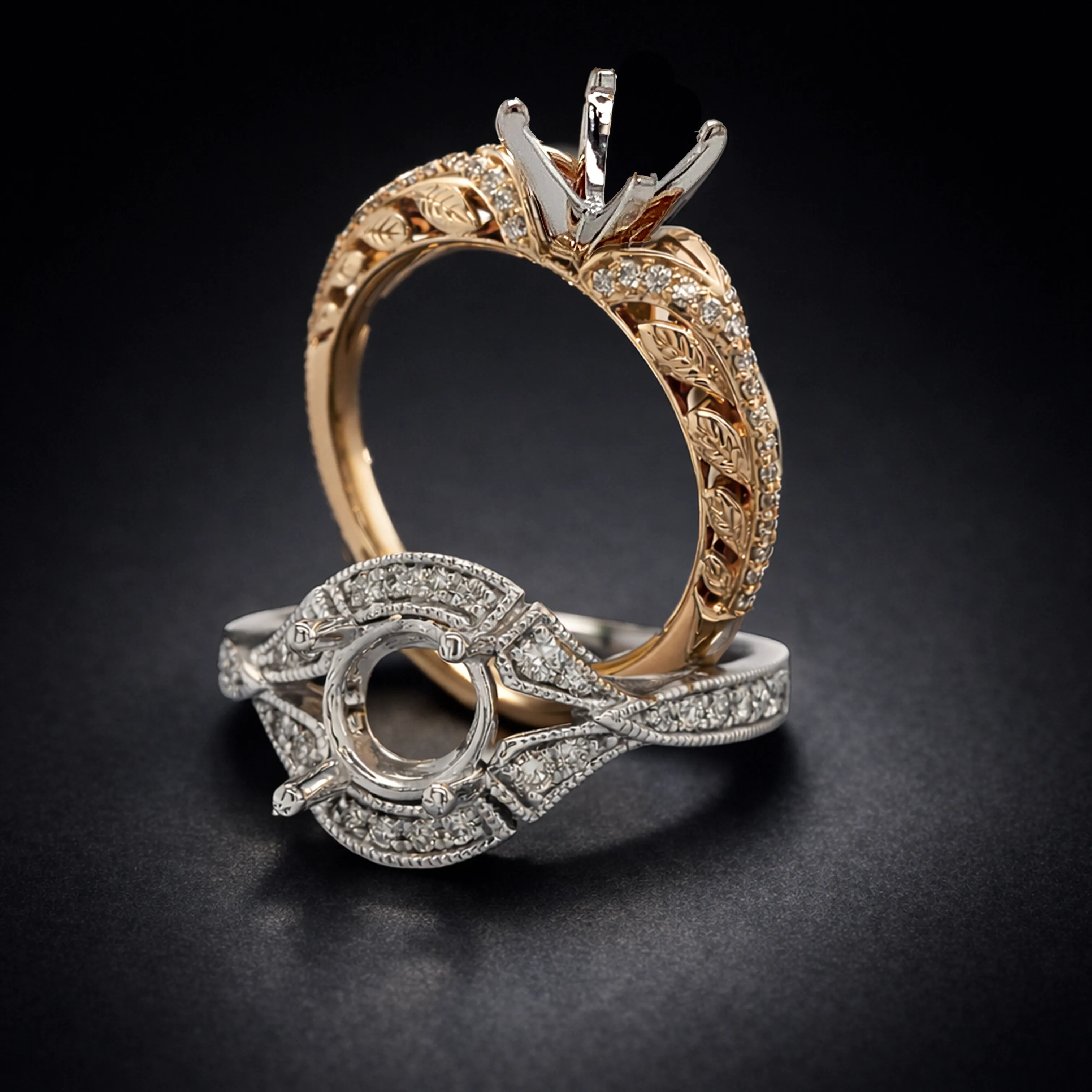 Two semi mount rings on a dark background