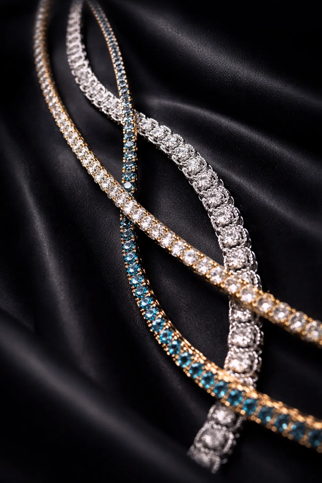 Elegant tennis bracelets with on a dark textured background.