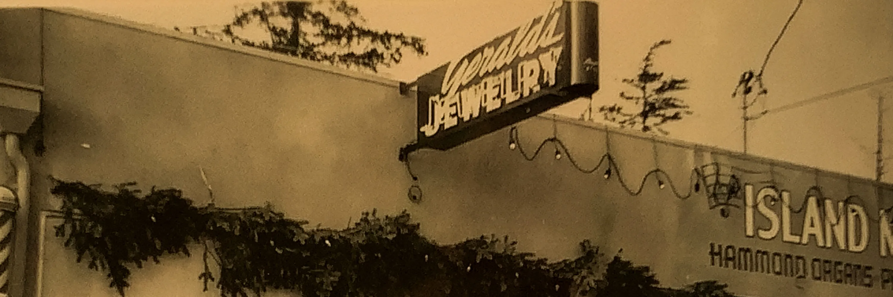 Gerald's Jewelry store sign with foliage and decorative lights.
