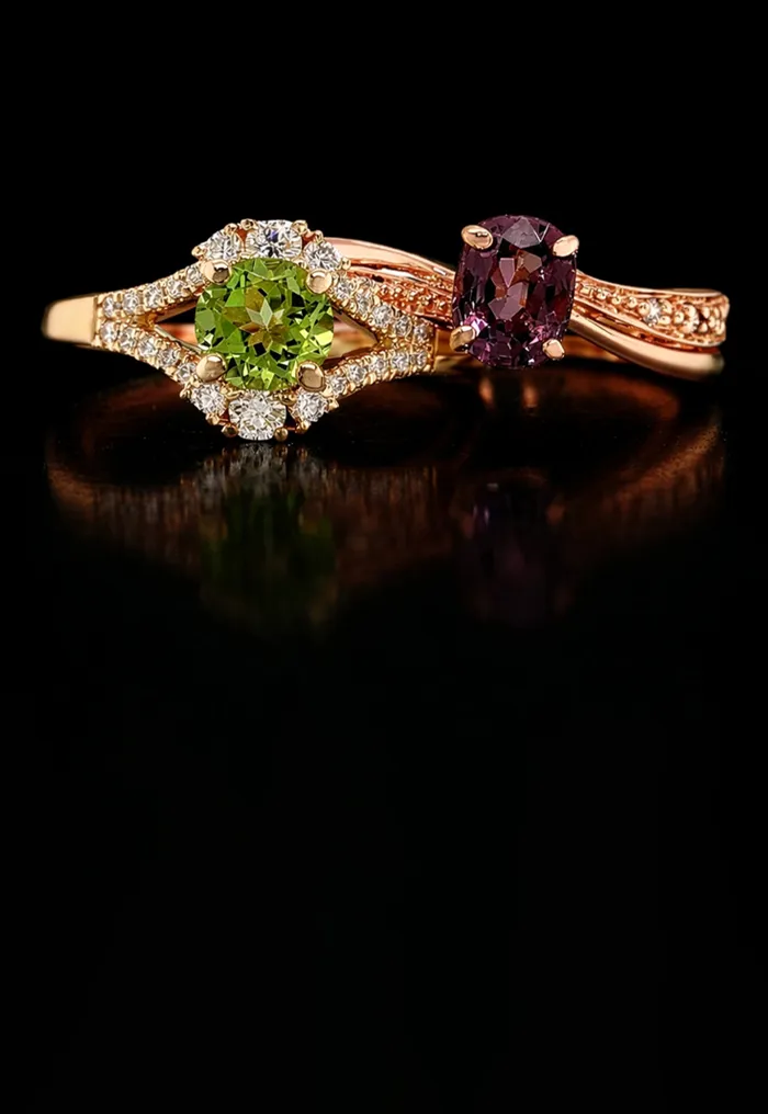 Two gemstone rings with green and purple stones on a black background.