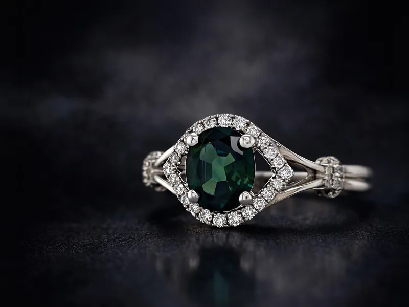 A silver ring with a dark green gemstone and diamond accents on a dark background.