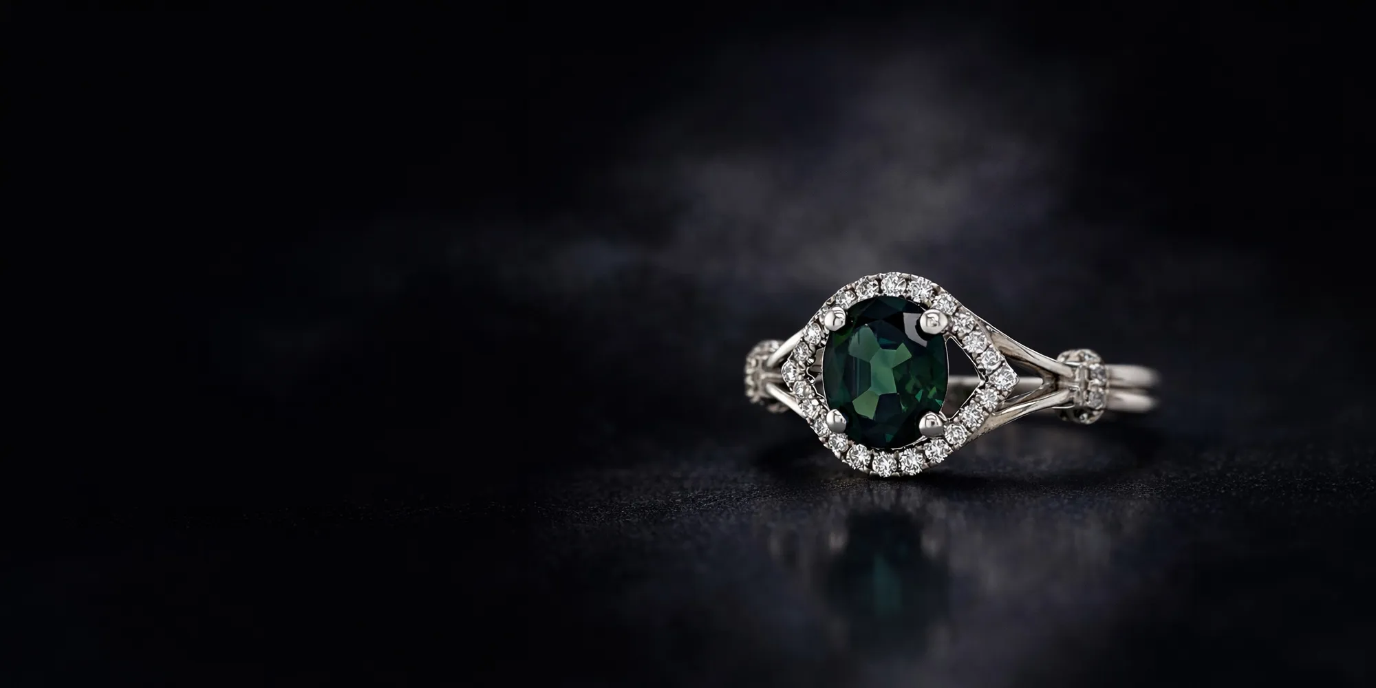 A silver ring with a dark green gemstone and diamond accents on a dark background.