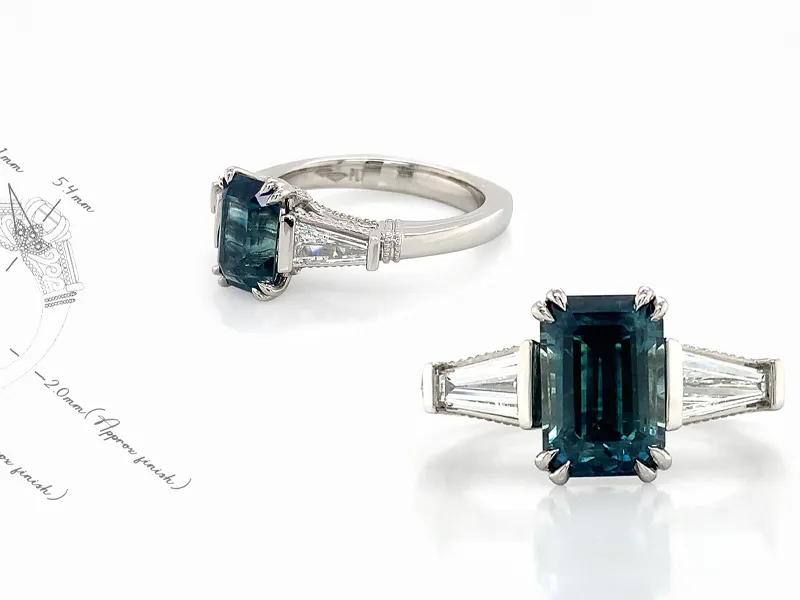 Emerald-cut blue gemstone ring with side diamonds and design sketch.