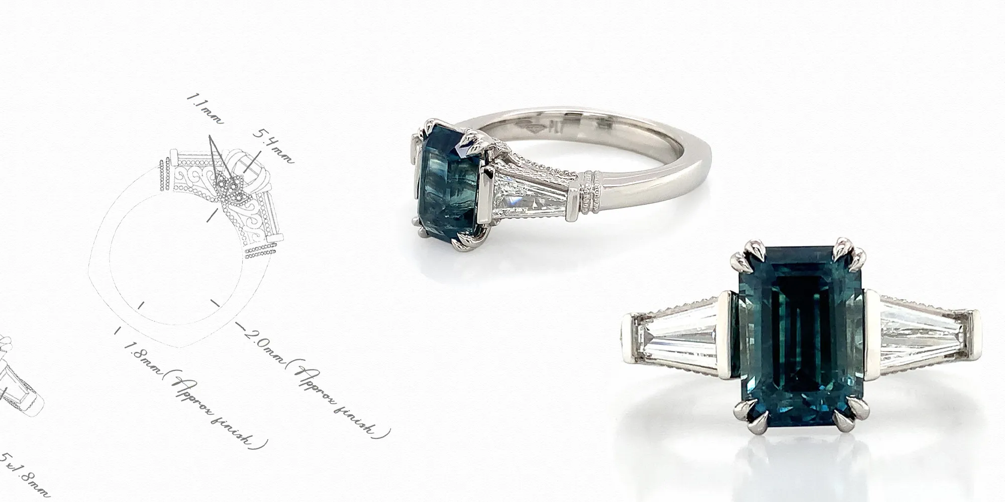 Emerald-cut blue gemstone ring with side diamonds and design sketch.