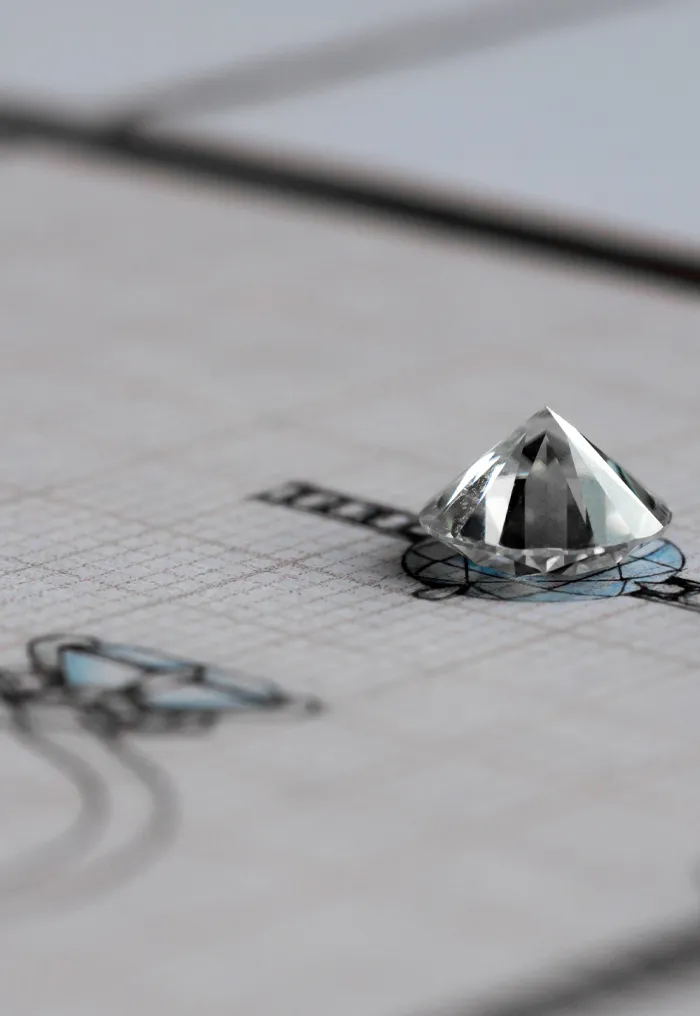Diamond on jewelry design sketch paper, showcasing custom jewelry creation.