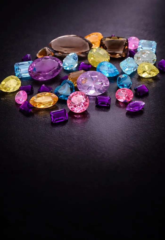 Colorful loose gemstones on a dark surface.