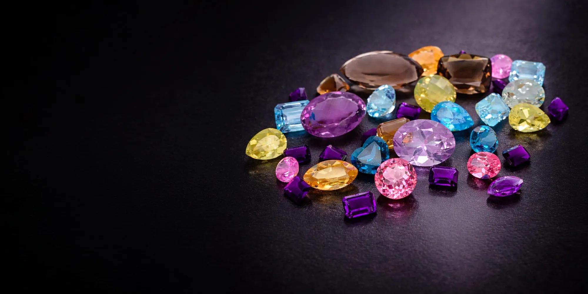 Colorful loose gemstones on a dark surface.