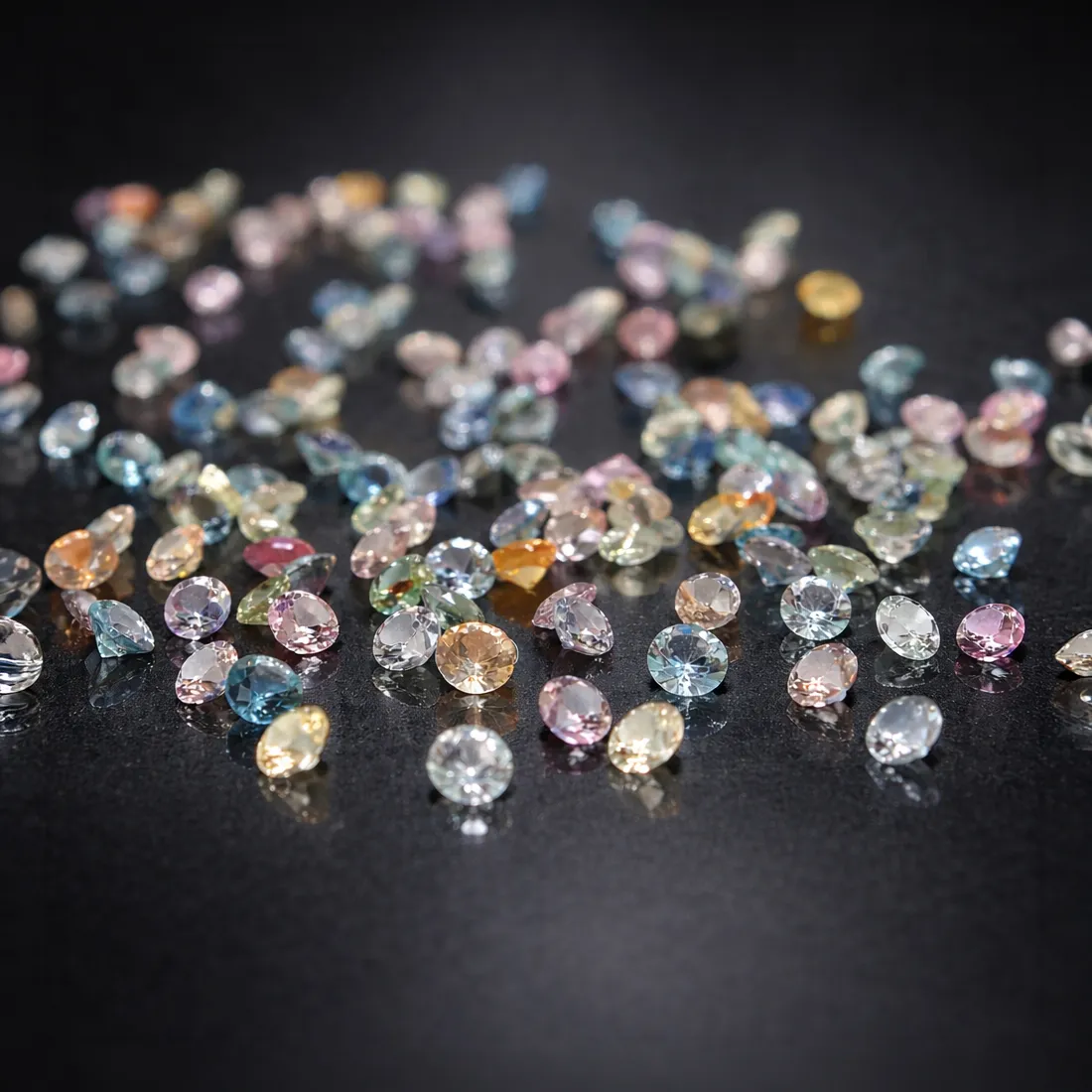 Loose multicolored gemstones scattered on a dark surface.
