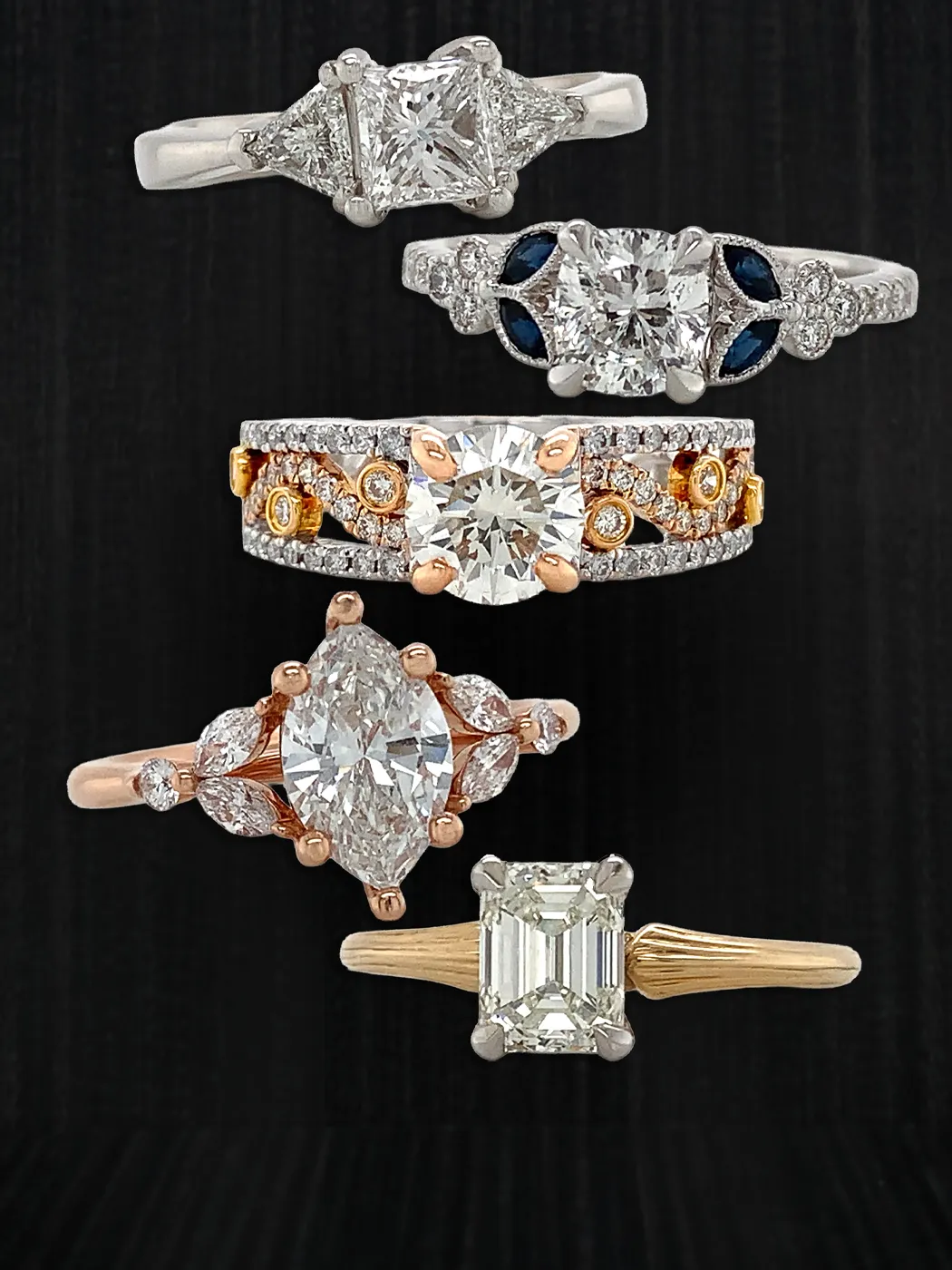 Five elegant diamond engagement rings on a black background.