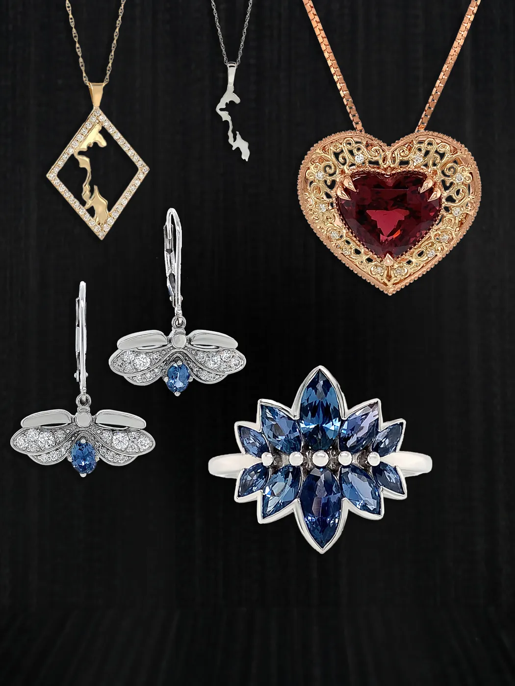 Elegant jewelry collection with necklaces, earrings, and a ring on a black background.