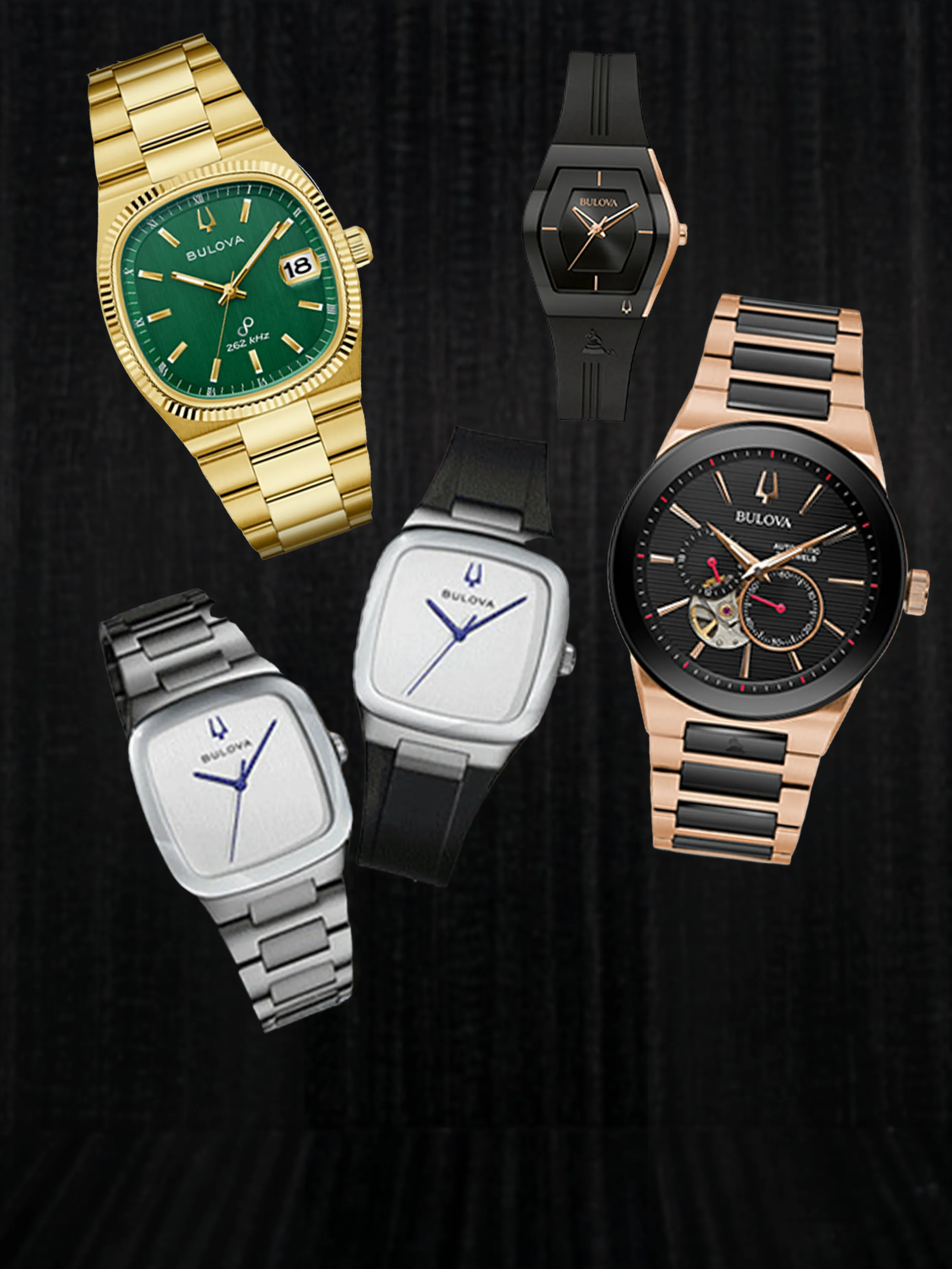 Sleek Bulova and Citizen watches on a black background.