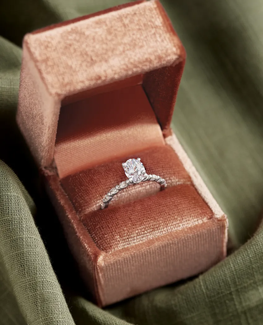Elegant engagement ring in a velvet box, showcasing a sparkling diamond.