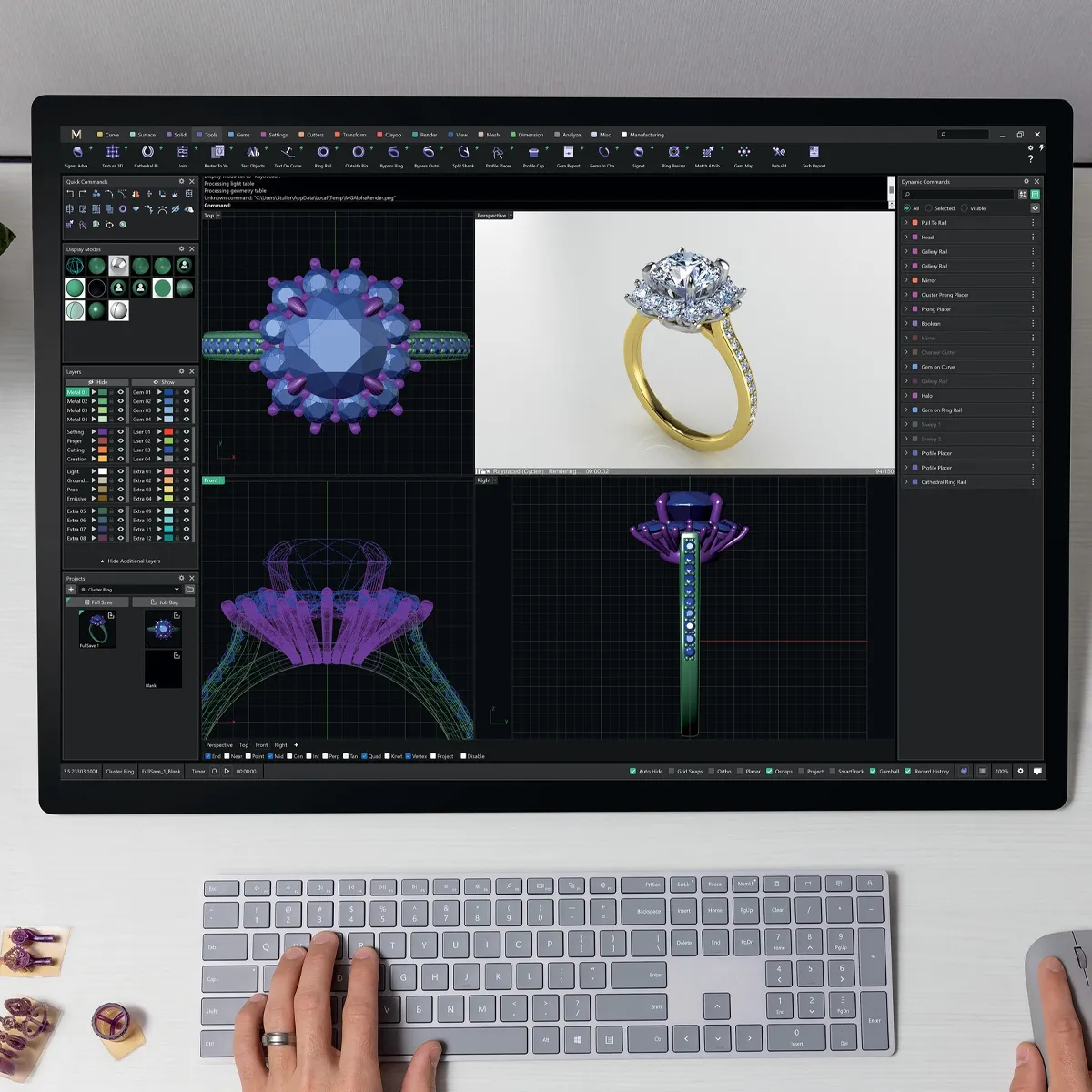 A designer creating 3D jewelry models on a computer, showcasing various ring designs and a keyboard.