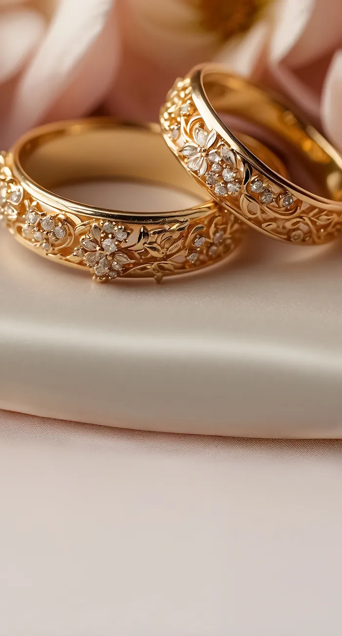 Two elegant gold wedding rings adorned with diamonds, resting on soft fabric and surrounded by delicate flowers.