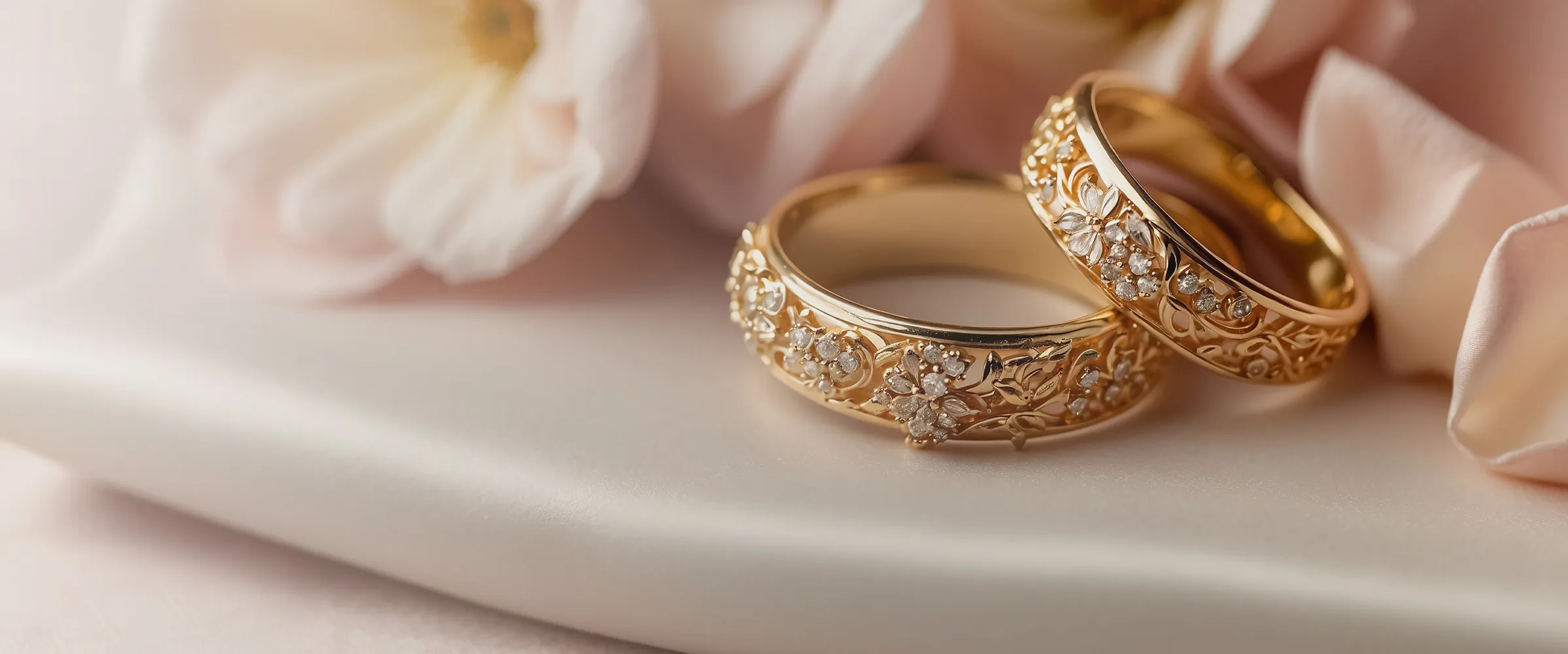 Two elegant gold wedding rings adorned with diamonds, resting on soft fabric and surrounded by delicate flowers.