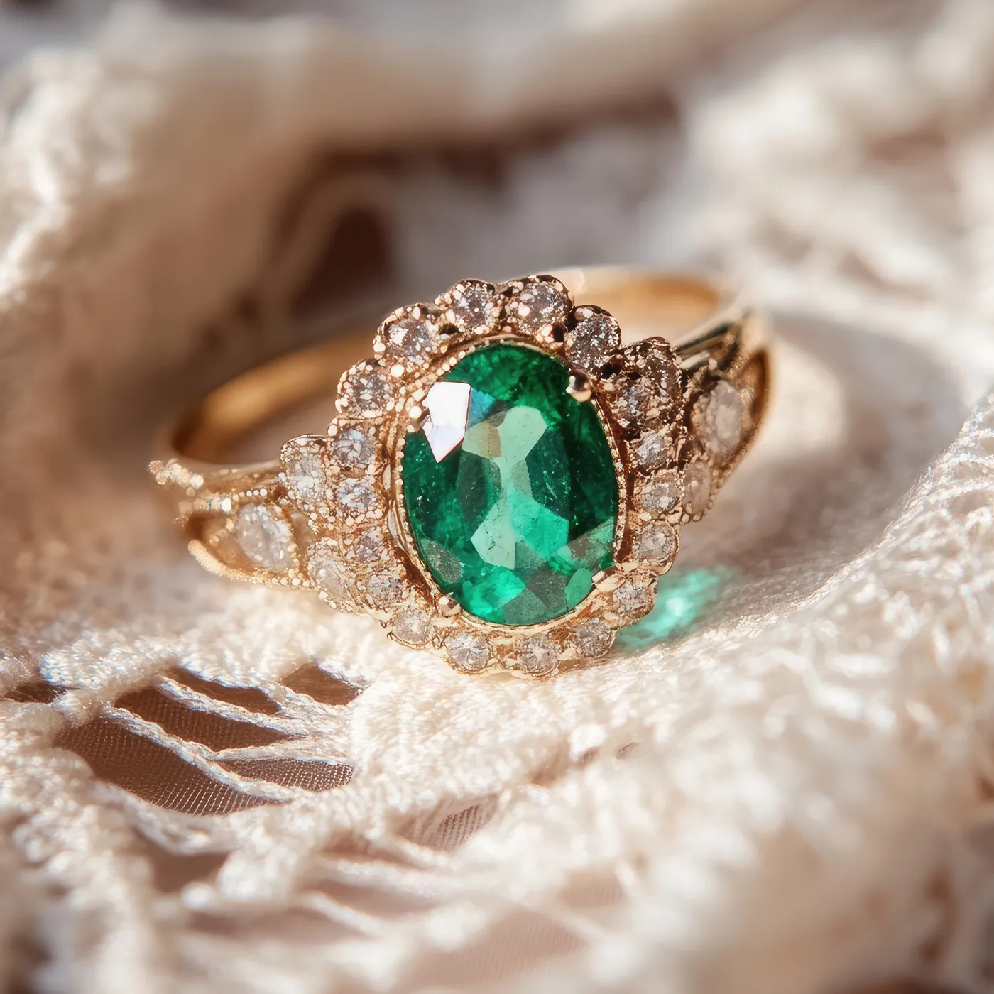 Emerald and diamond ring on lace, showcasing intricate gold design. Visit Golden Gifts Jewelry in Milford for more.