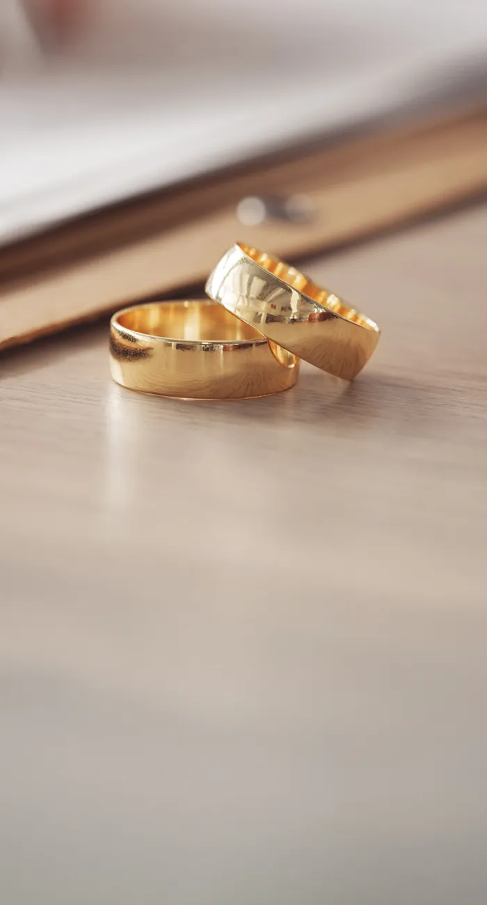 Two gold wedding rings on a table with paperwork in the background.