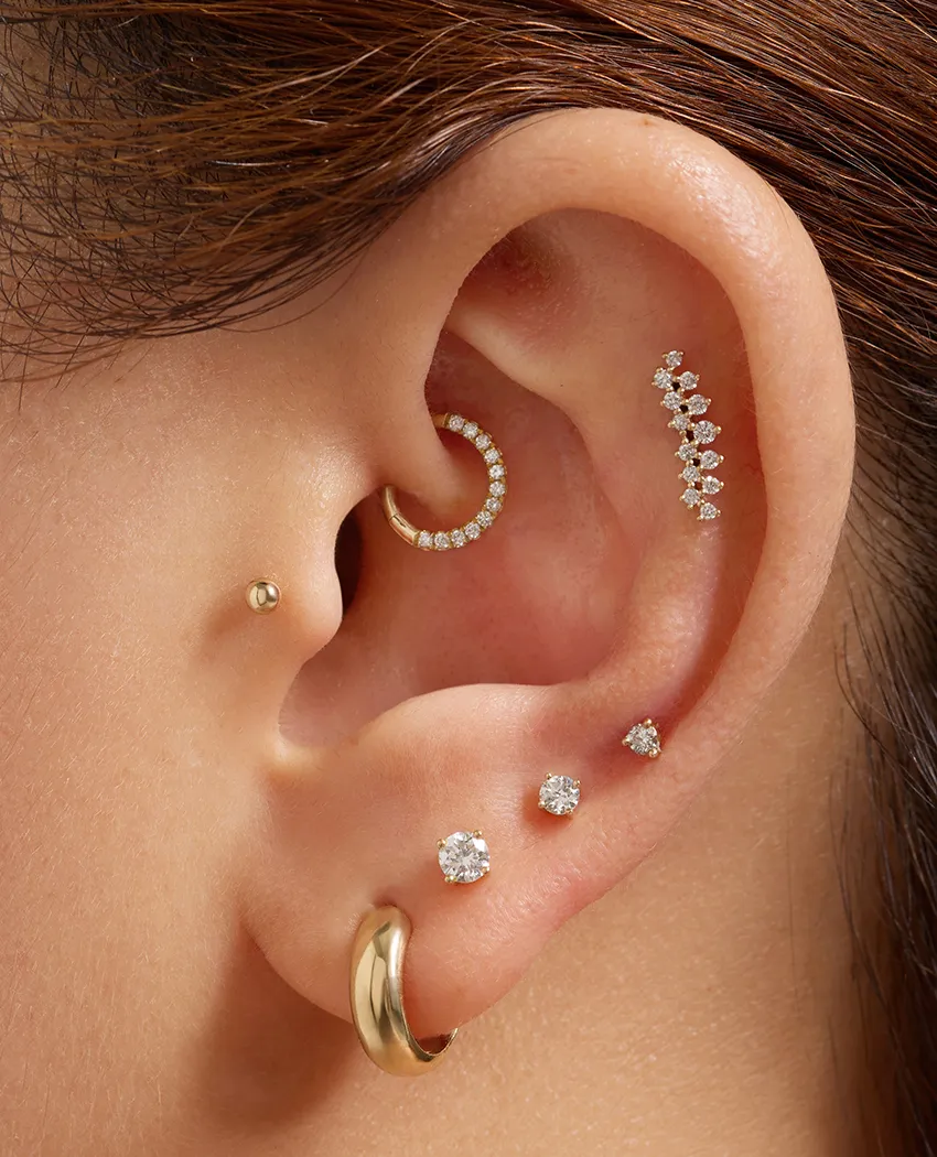 Close-up of a multi-pierced ear adorned with various gold and diamond earrings.
