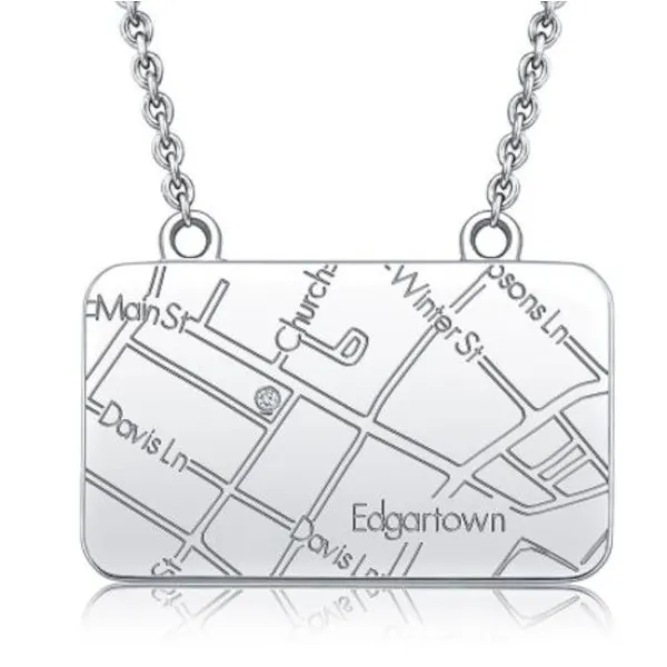Modern rounded corner rectangular map necklace Starting at $195.00Available in Sterling Silver, Rose Gold, White Gold, Yellow GoldSpecial Order Item #165-127 Goldmart Jewelers Redding, CA
