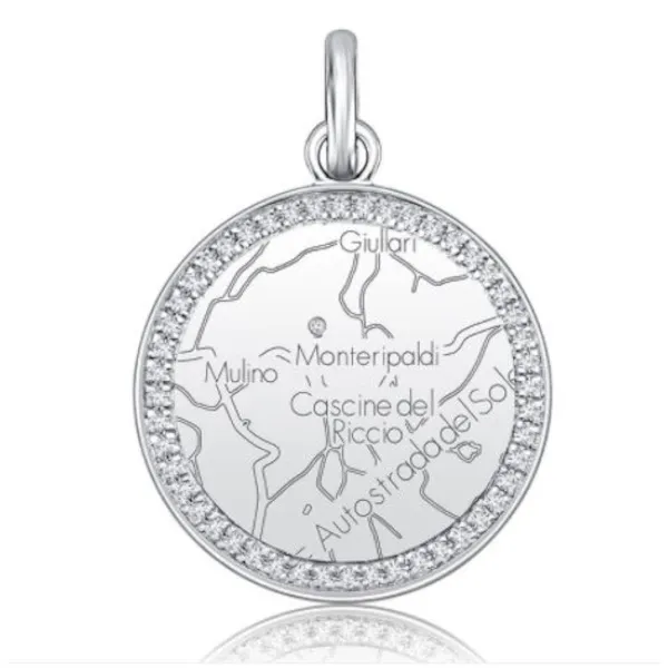 Dramatic Circle Map Pendant with Diamond Border Starting at $795.00Available in Sterling Silver, Rose Gold, White Gold, Yellow GoldSpecial Order Item #160-283 Goldmart Jewelers Redding, CA