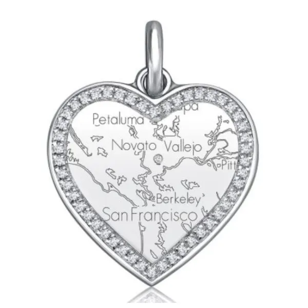 Inspiring heart Map Pendant with Diamond Border Starting at $795.00Available in Sterling Silver, Rose Gold, White Gold, Yellow GoldSpecial Order Item #160-287 Goldmart Jewelers Redding, CA