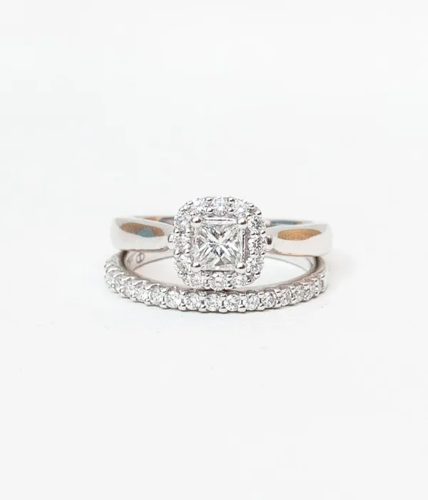 The Siena A wedding set featuring a princess cut center diamond surrounded by a gorgeous halo. Grader Jewelers Groton, CT