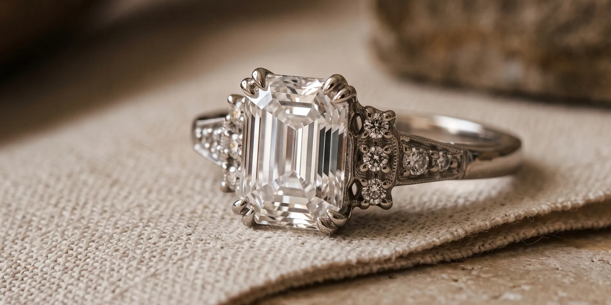 A vintage-style engagement ring with an emerald-cut diamond and intricate detailing on a textured fabric background.