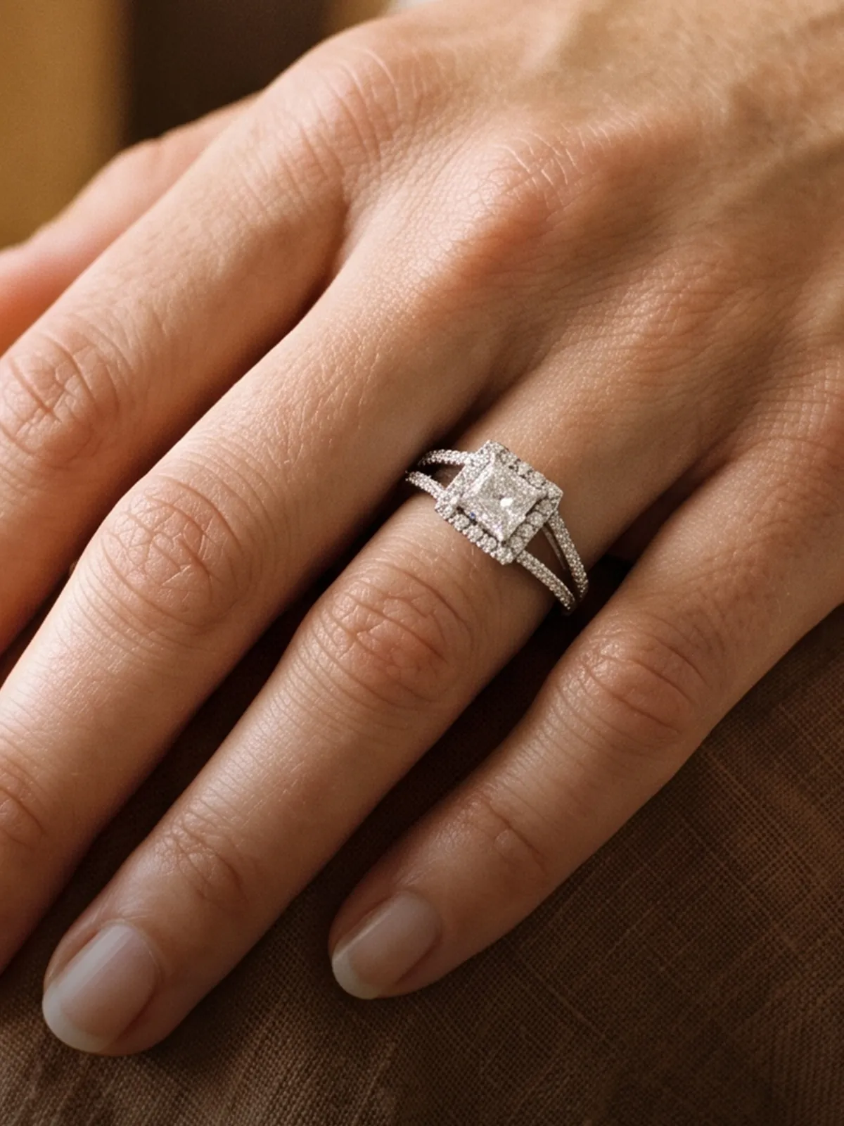A hand wearing a diamond engagement ring with a square halo setting.